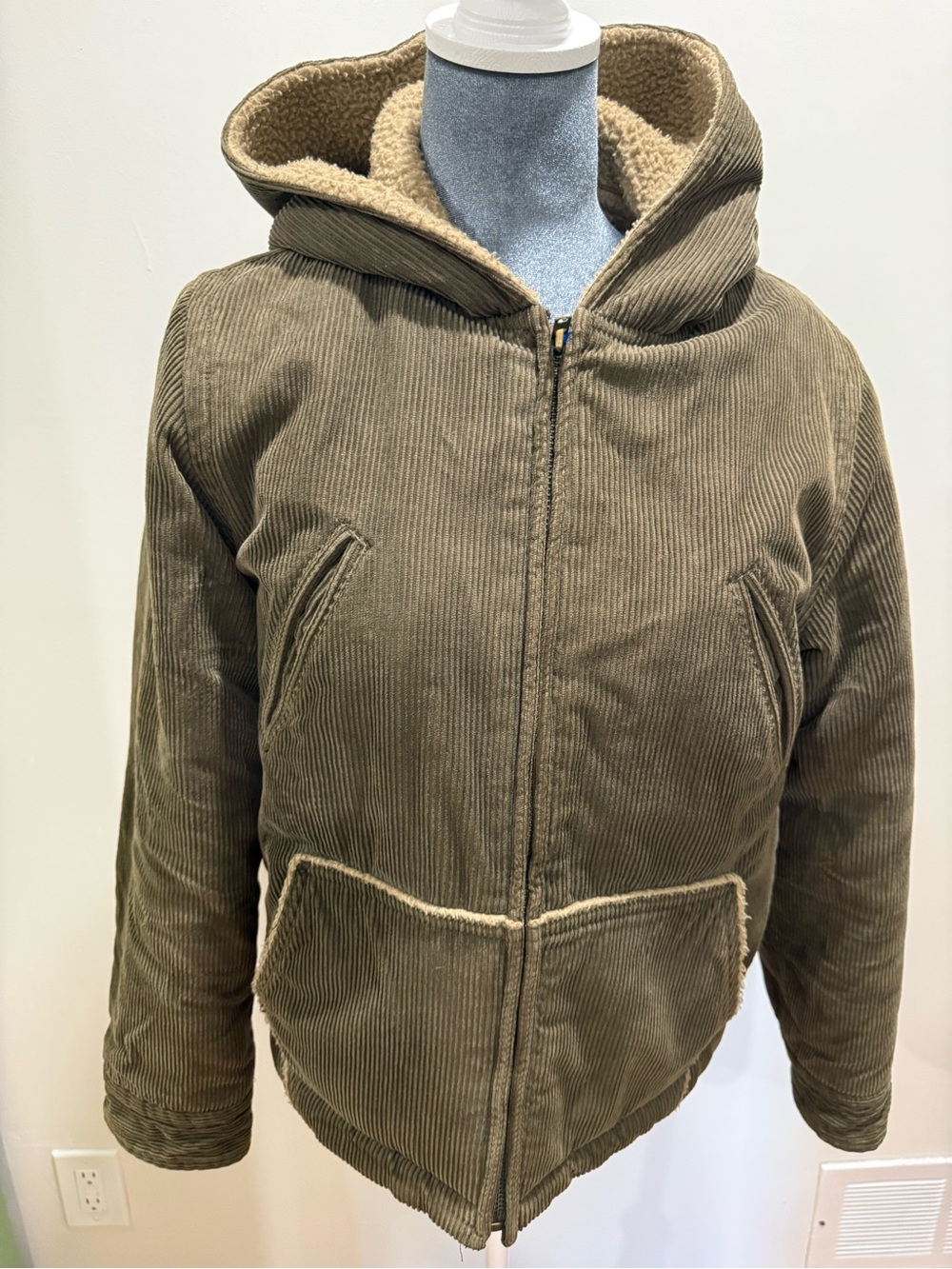 J. Crew Olive Green Corduroy Hooded Puffer with Sherpa Trim